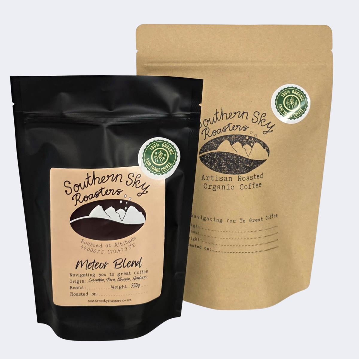 Two bags of coffee, both labelled 'Southern Sky Roasters' with 'Meteor Blend' written on them. The Meteor Blend is a blend of coffee beans from Honduras, Peru, Colombia & Ethiopia. The black bag is 250g, and the brown bag is 500 g.
Artisan Coffee
Meteor Blend
Southern Sky Roasters
Mapua, New Zealand
Nelson, New Zealand
Richmond, New Zealand
Organic Fair Trade Coffee