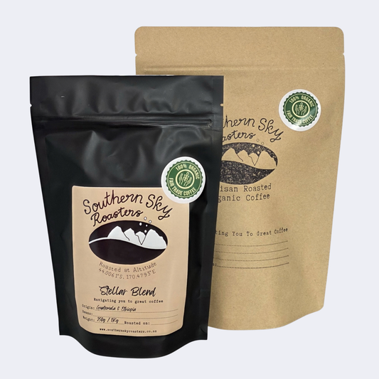 Two bags of coffee, both labelled 'Southern Sky Roasters' with 'Stellar Blend' written on them. Stellar Blend is a blend of Guatemalen and Ethiopian beans. The black bag is 250g, and the brown bag is 500 g
Southern Sky Roasters
Organic coffee
Artisan Roastery
Mapua, New Zealand
Nelson, New Zealand
Richmond, New Zealand