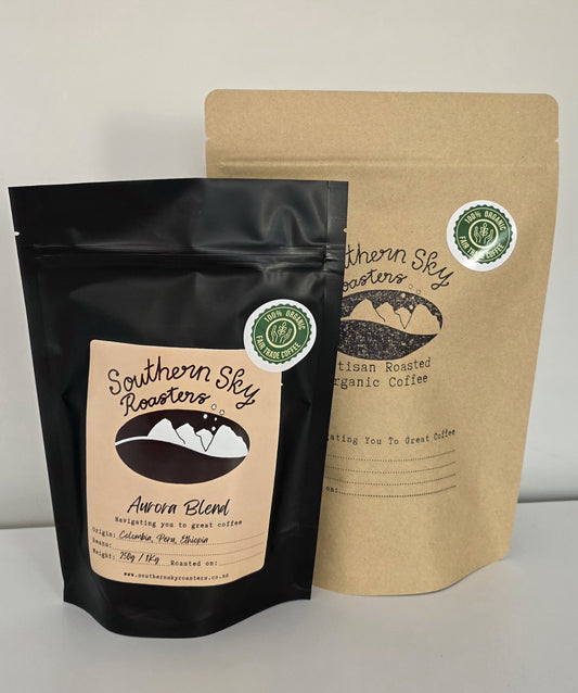 Two bags of coffee, both labelled 'Southern Sky Roasters' with 'Aurora Blend' written on them. The Aurora Blend is a blend of beans from Colombia, Peru and Ethiopia. The black bag is 250g, and the brown bag is 500 g
Southern Sky Roasters
Artisan Roastery Lake Tekapo, New Zealand
Coffee 