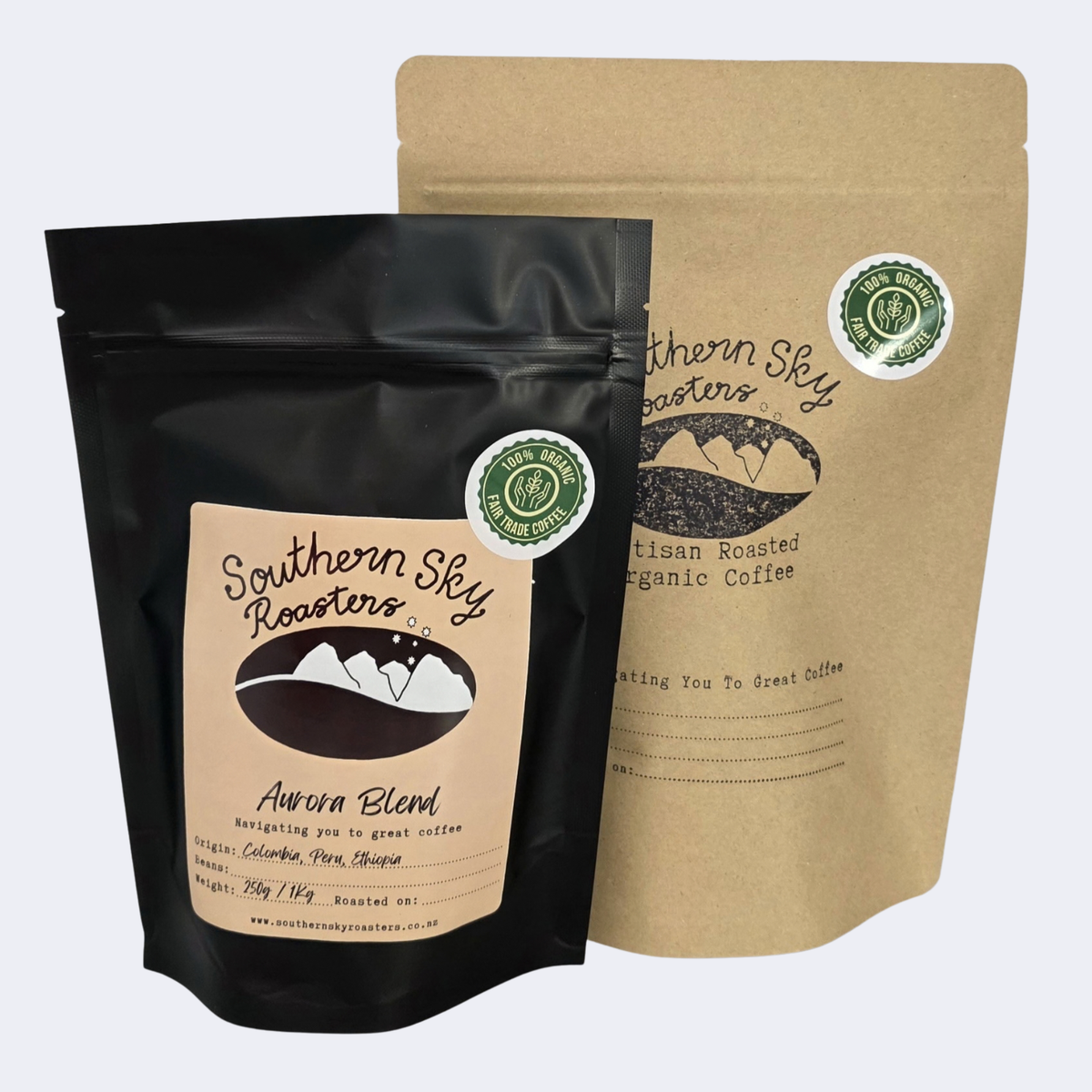Two bags of coffee, both labelled 'Southern Sky Roasters' with 'Aurora Blend' written on them. The Aurora Blend is a blend of beans from Colombia, Peru and Ethiopia. The black bag is 250g, and the brown bag is 500 g
Southern Sky Roasters
Artisan Roastery 
Fairtrade Coffee
Specialty Coffee
Mapua, New Zealand
Nelson, New Zealand
Richmond, New Zealand