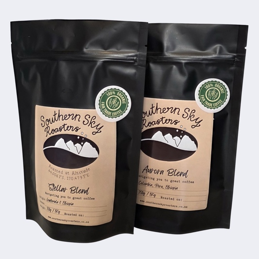 Two bags of coffee, both labelled 'Southern Sky Roasters' with 'Aurora Blend' & "Stellar Blend" written on them. The Aurora Blend is a blend of beans from Colombia, Peru and Ethiopia. The Stellar Blend is a blend of beans from Guatemala & Ethiopia. The black bags contain 250g of coffee.
Bundle deal you can chose your own Blends
Southern Sky Roasters
Coffee 
Southern Sky Roasters
Organic coffee
Artisan Roastery
Stellar Blend and Aurora Blend
Mapua, New Zealand
Nelson, New Zealand
Richmond, New Zealand
