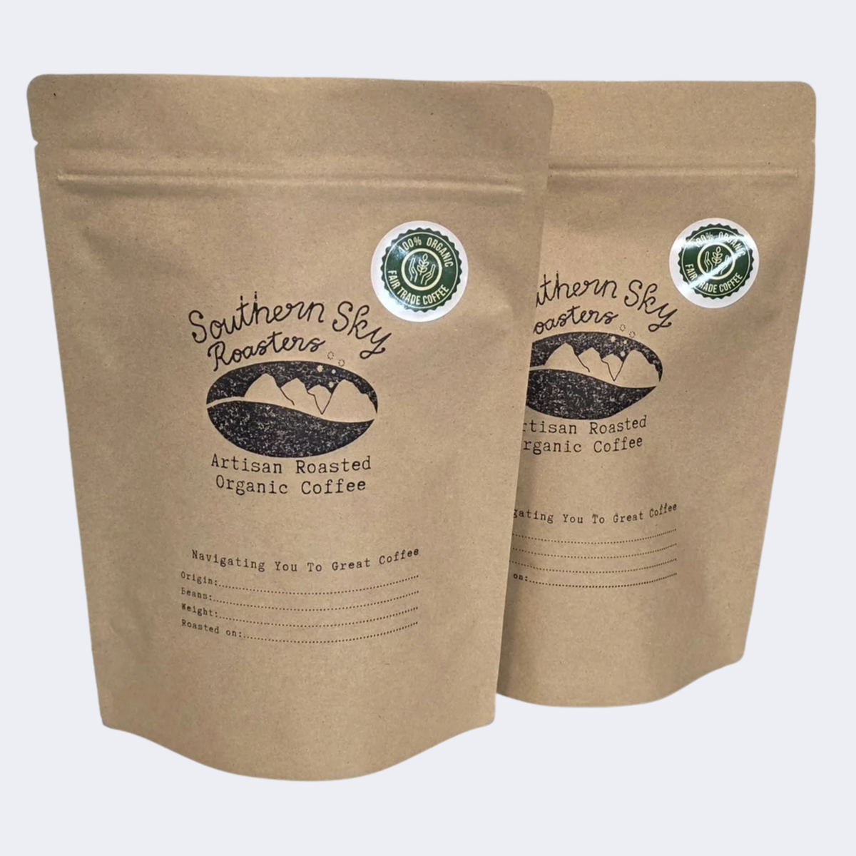 Two brown paper coffee bags with 'Southern Sky Roasters' branding 
Bags are 500g each
Bundle deal
You can choose your own blends
Mapua, New Zealand
Nelson, New Zealand
Richmond, New Zealand
Fairtrade Coffee
Specialty Coffee
Artisan Coffee Beans