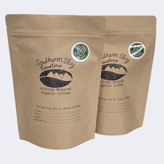 Two brown paper coffee bags with 'Southern Sky Roasters' branding 
Bags are 500g each
Bundle deal
You can choose your own blends
Mapua, New Zealand
Nelson, New Zealand
Richmond, New Zealand
Fairtrade Coffee
Specialty Coffee
Artisan Coffee Beans
