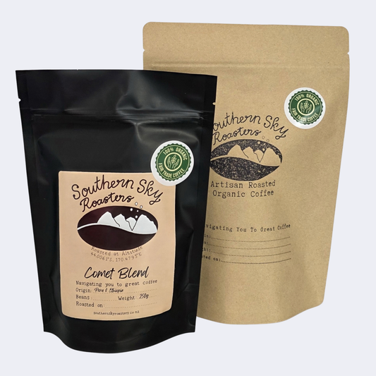 Two bags of coffee, both labelled 'Southern Sky Roasters' with 'Comet Blend' written on them. The Comet Blend is a blend of beans from Peru & Ethiopia. The black bag is 250g, and the brown bag is 500 g
Comet Blend
Southern Sky Roasters
Artisan Coffee
Organic Coffee
Fair trade coffee
Mapua, New Zealand
Nelson, New Zealand
Richmond, New Zealand