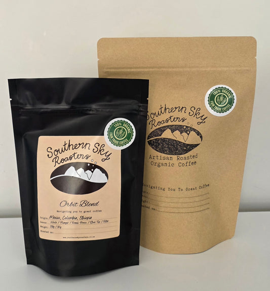 Two bags of coffee, both labelled 'Southern Sky Roasters' with 'Orbit Blend' written on them. Orbit Blend is a blend of Mexican, Colombian and Ethiopian beans. The black bag is 250g, and the brown bag is 500 g
Southern Sky Roasters
Organic coffee
Specialty Coffee
Lake Tekapo, New Zealand
Artisan Roastery