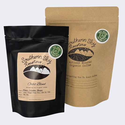 Two bags of coffee, both labelled 'Southern Sky Roasters' with 'Stellar Blend' written on them. Stellar Blend is a blend of Maxican, Colombian, and Ethiopian beans. The black bag is 250g, and the brown bag is 500 g
Southern Sky Roasters
Organic coffee
Artisan Roastery
Mapua, New Zealand
Nelson, New Zealand
Richmond, New Zealand