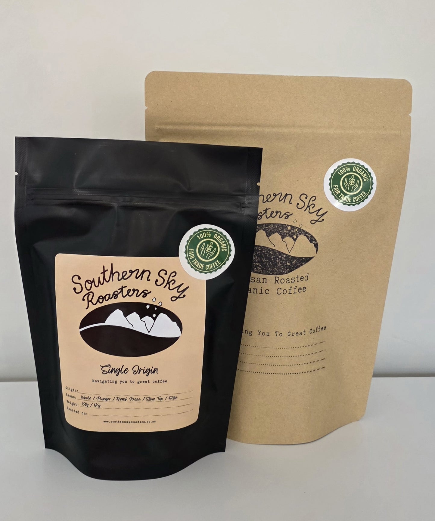 A bag of Southern Sky Roasters single-origin coffee.
The black bag, is a 250g bag of single-origin Guatemalan coffee, the brown bag, is a 500g bag of single-origin Guatemalan coffee.
Southern Sky Roasters
Organic Fair Trade Coffee
Artisan Roastery
Lake Tekapo, New Zealand