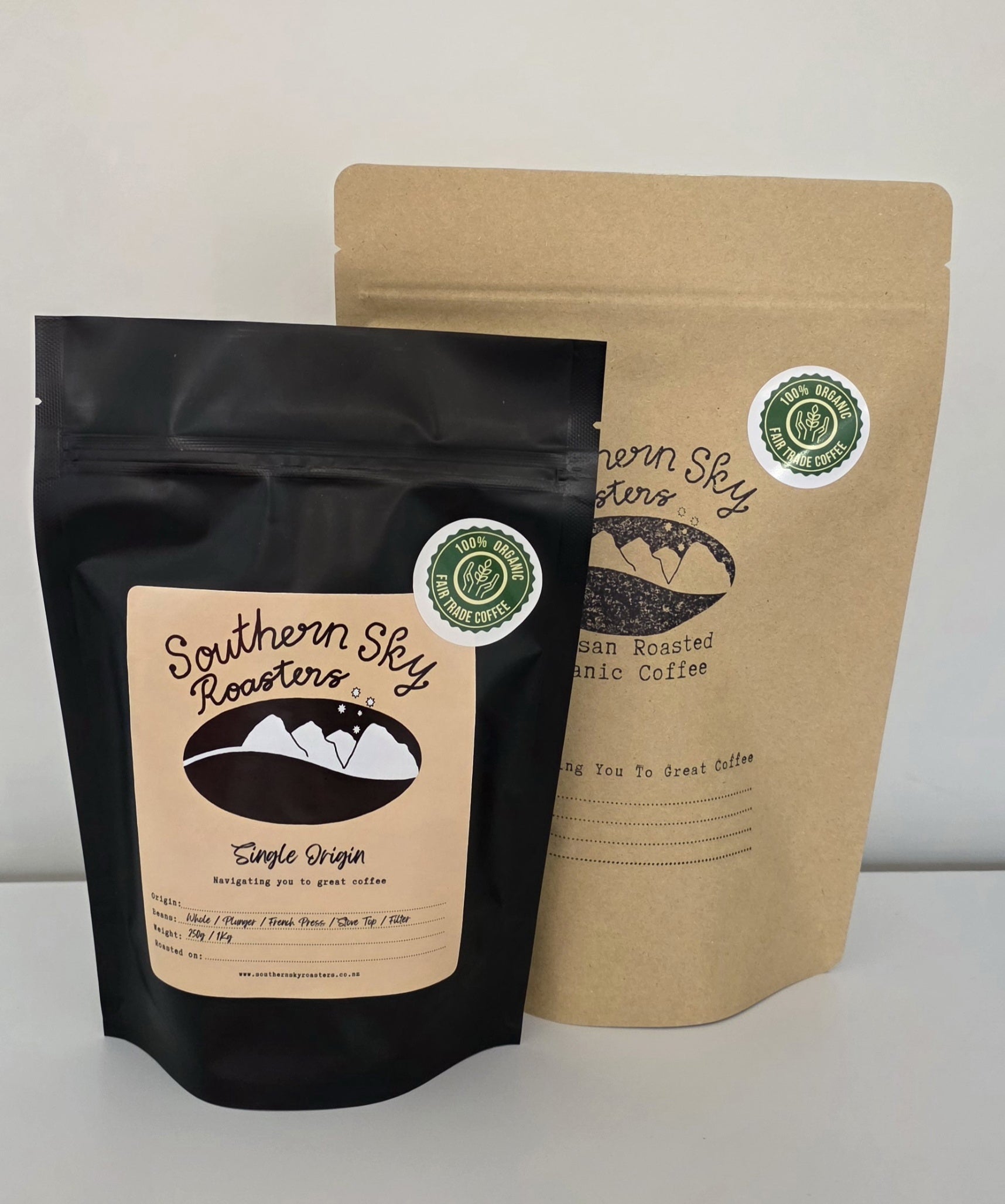 A bag of Southern Sky Roasters single-origin coffee.
The black bag, is a 250g bag of single-origin Guatemalan coffee, the brown bag, is a 500g bag of single-origin Guatemalan coffee.
Southern Sky Roasters
Organic Fair Trade Coffee
Artisan Roastery
Lake Tekapo, New Zealand