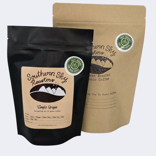 A bag of Southern Sky Roasters single-origin coffee.
The black bag, is a 250g bag of single-origin coffee, the brown bag, is a 500g bag of single-origin coffee.
Southern Sky Roasters
Organic Fair Trade Coffee
Artisan Roastery
Mapua, New Zealand
Nelson, New Zealand
Richmond, New Zealand
