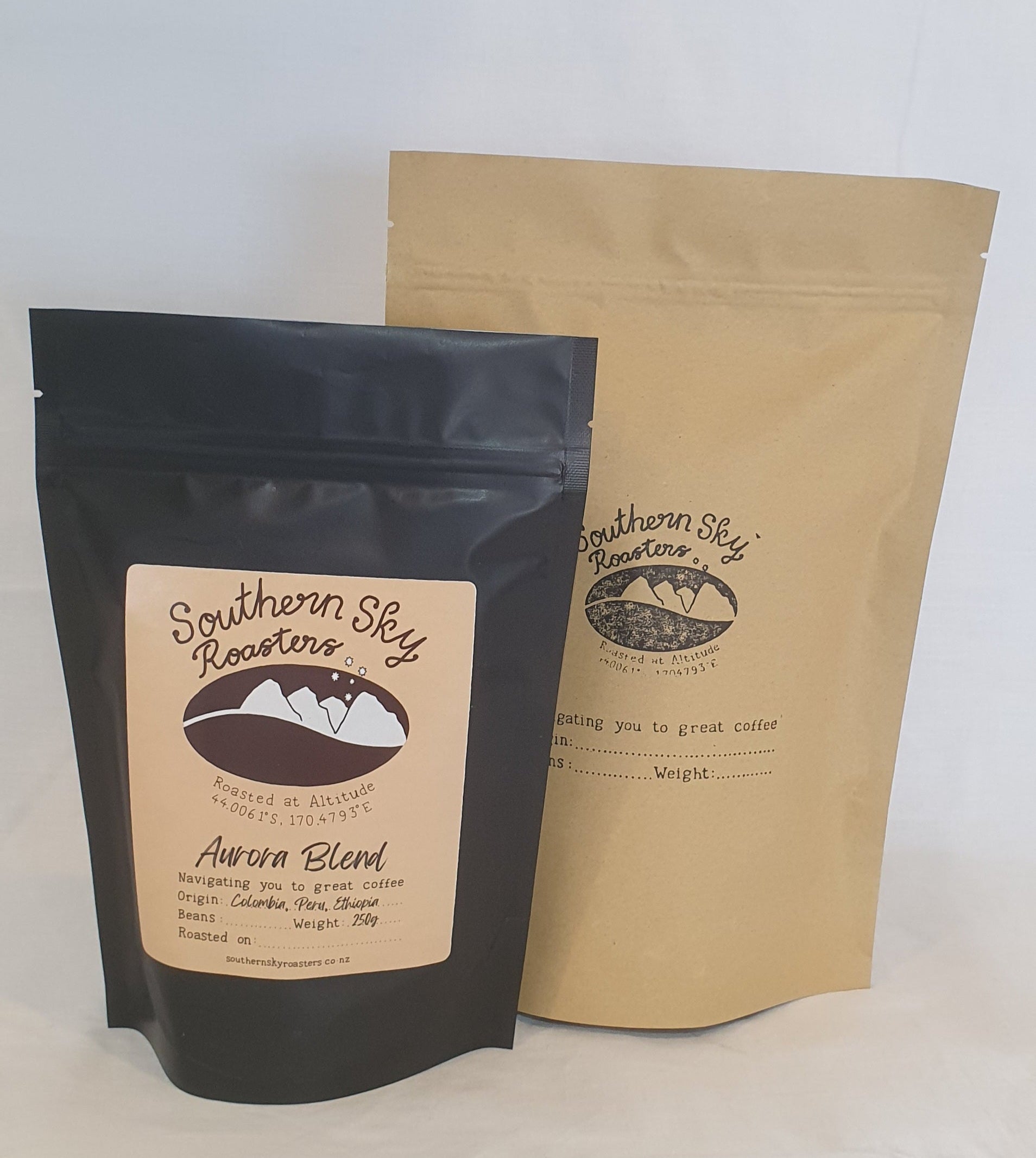 Two bags of coffee, both labelled 'Southern Sky Roasters' with 'Aurora Blend' written on them. The Aurora Blend is a blend of beans from Colombia, Peru and Ethiopia. The black bag is 250g, and the brown bag is 500 g
Southern Sky Roasters
Artisan Roastery Lake Tekapo, New Zealand
Coffee 