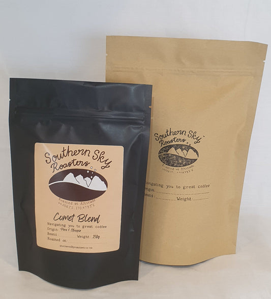 Two bags of coffee, both labelled 'Southern Sky Roasters' with 'Comet Blend' written on them. The Comet Blend is a blend of beans from Peru & Ethiopia. The black bag is 250g, and the brown bag is 500 g
Comet Blend
Southern Sky Roasters
Lake Tekapo, New Zealand
Buy Artisan Coffee
Organic Coffee
Fair trade coffee